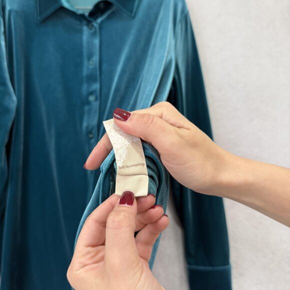 Soft Surroundings Shirt Womens Large Teal Blue Velvet Button Front Long Sleeve - Picture 7 of 10